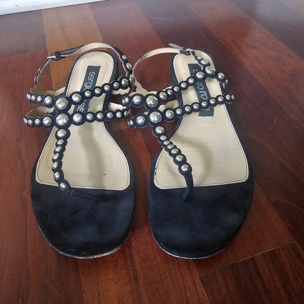 Sergio Rossi Black Suede Flat Sandals With Silver Embellishments Size 39.5